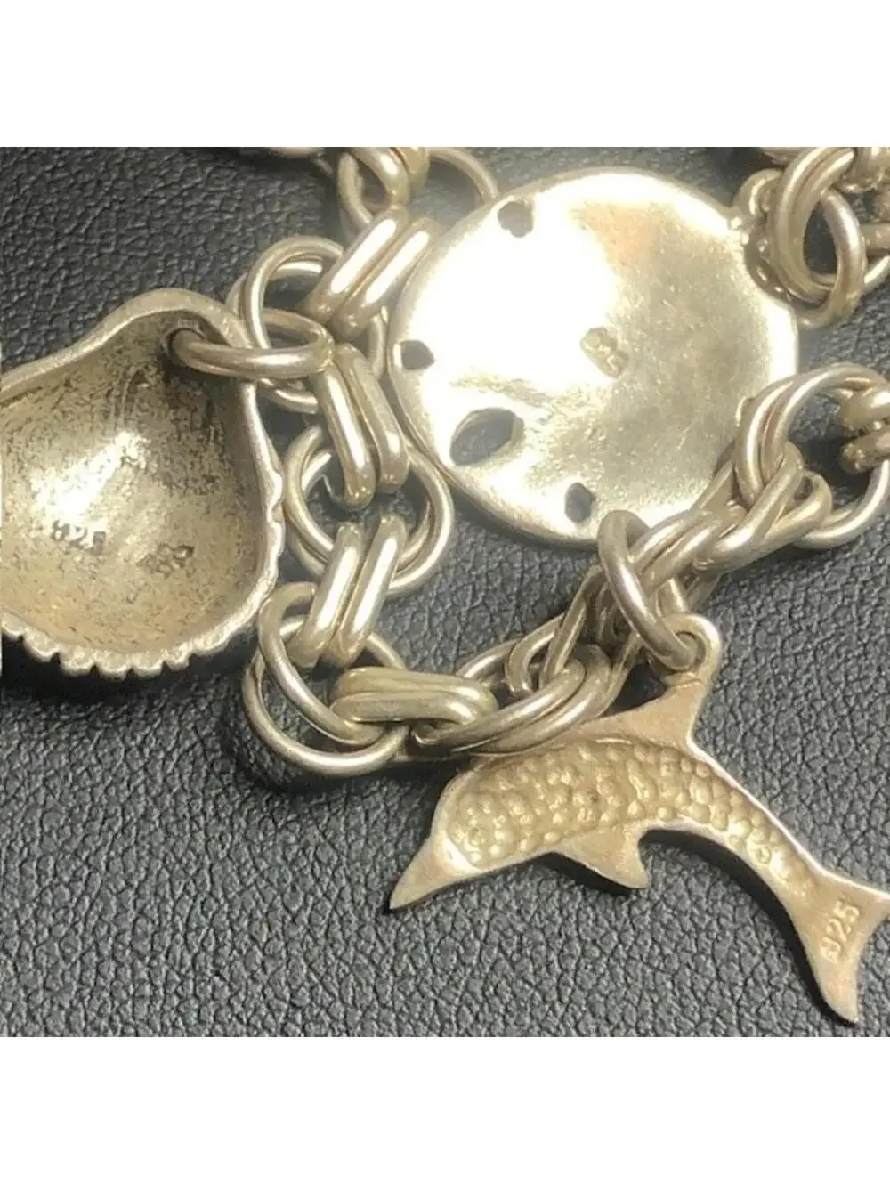 B1426 Sterling Silver Charm Bracelet 6.5" Shell Ocean Dolphin Sand Dollar 16.3" - Picture 4 of 4